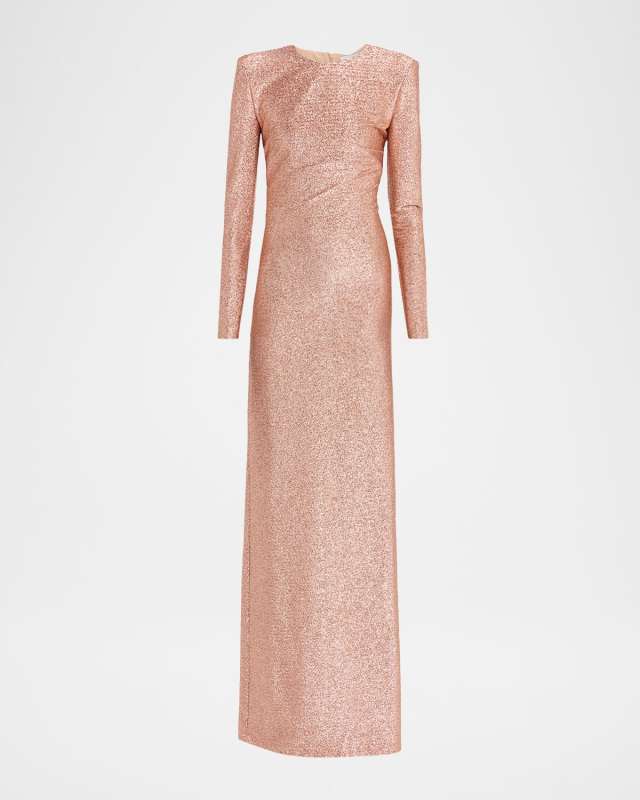 Long Sleeve Stretch Lame Gown